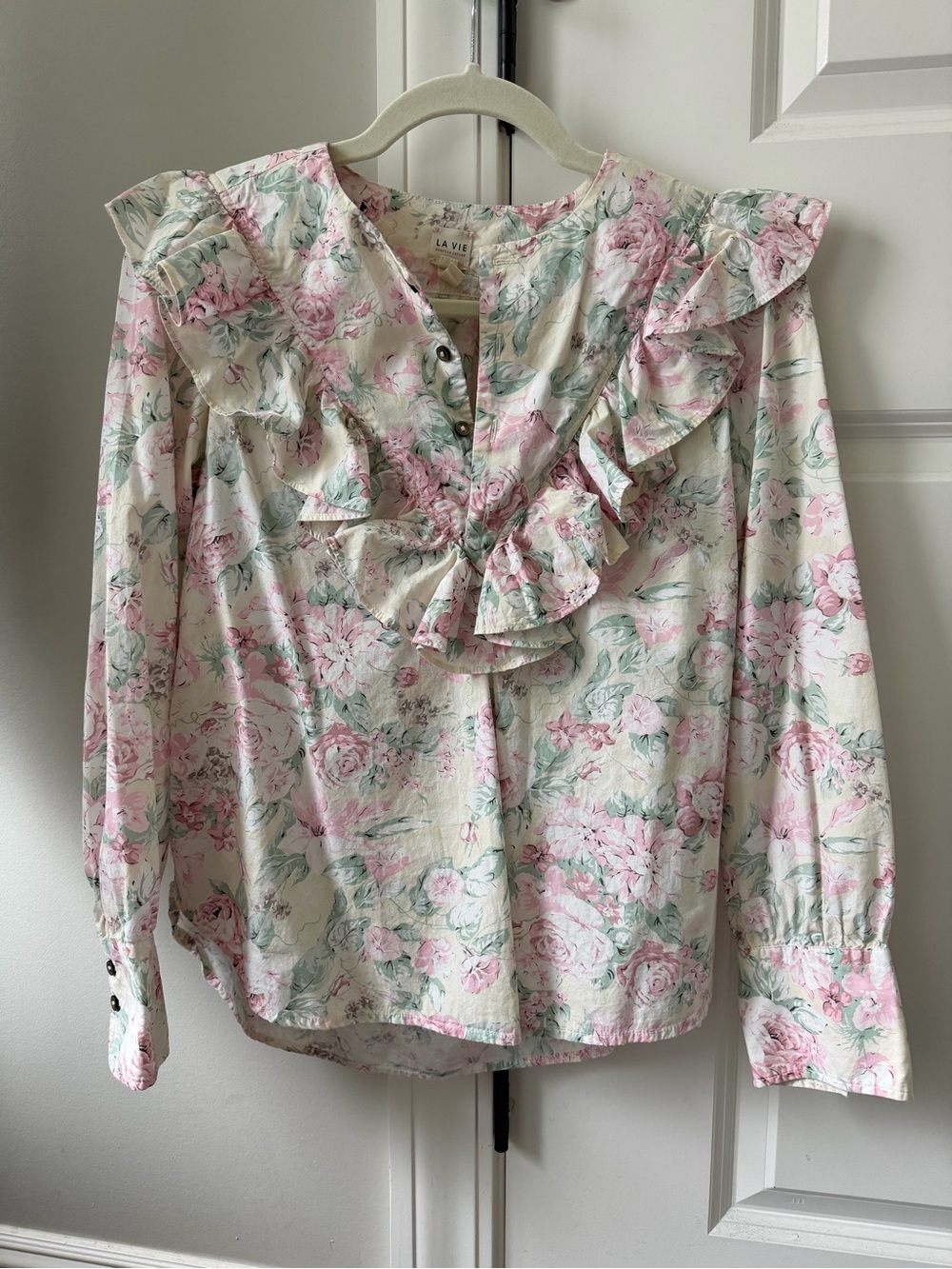 Rebecca Taylor Pink & Cream Floral Ruffle Blouse